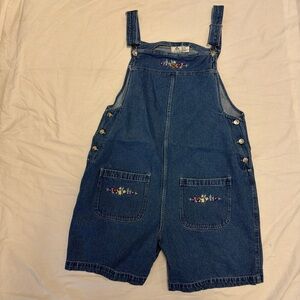 Plus sized Denim Overalls shorts with Floral Embroidery